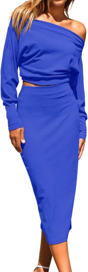MASCOMODA 2024 Long Sleeve Midi Skirt Sets Women 2 Piece Outfits Off Shoulder Top Bodycon Ribbed Knit Two Piece Dress Set