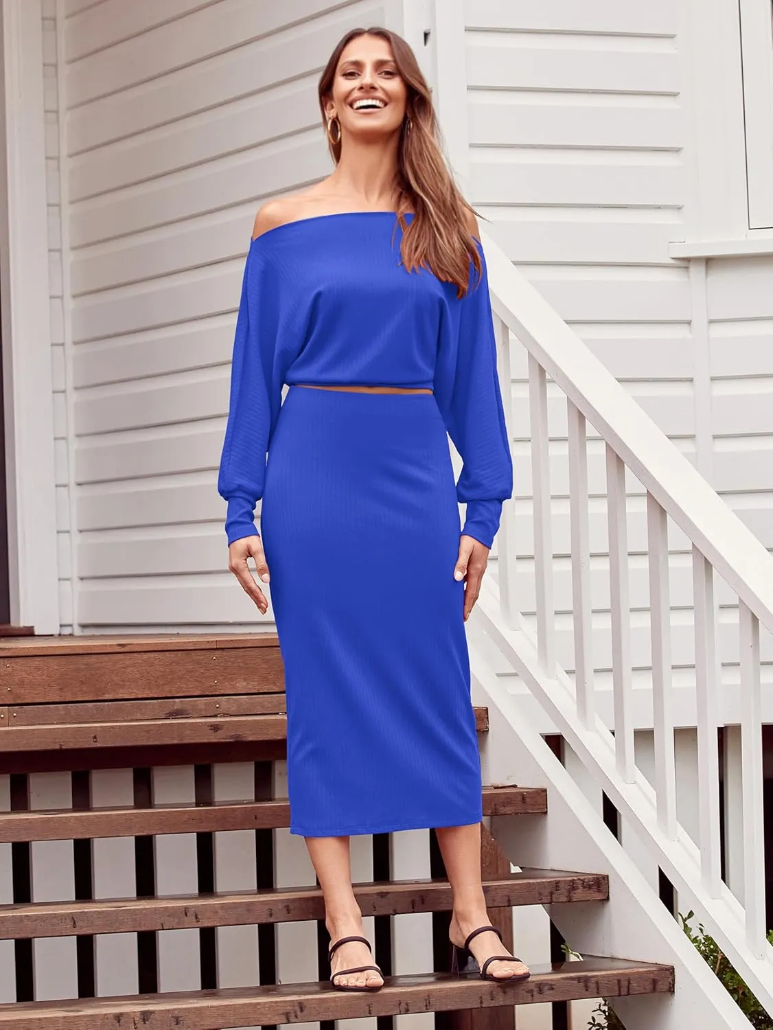 MASCOMODA 2024 Long Sleeve Midi Skirt Sets Women 2 Piece Outfits Off Shoulder Top Bodycon Ribbed Knit Two Piece Dress Set
