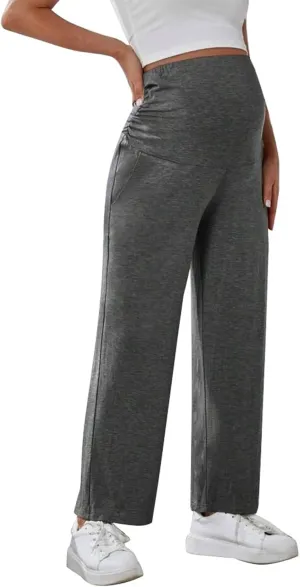 Maternity Pants Straight with Adjustable Belt Pregnancy Activewear Wide Leg for 3rd Trimester with Pockets