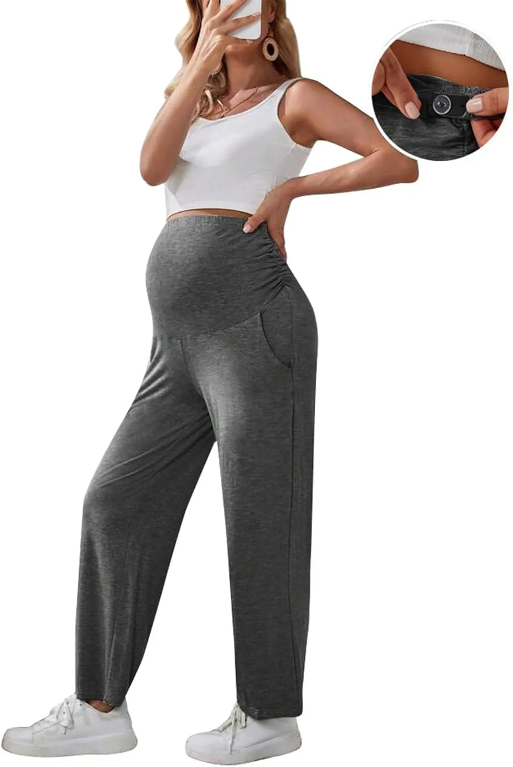 Maternity Pants Straight with Adjustable Belt Pregnancy Activewear Wide Leg for 3rd Trimester with Pockets