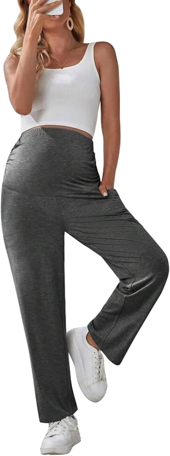 Maternity Pants Straight with Adjustable Belt Pregnancy Activewear Wide Leg for 3rd Trimester with Pockets