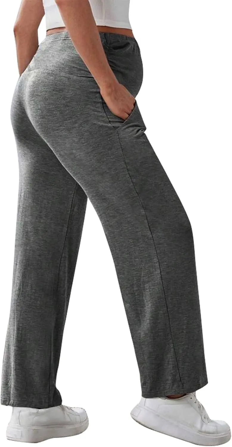 Maternity Pants Straight with Adjustable Belt Pregnancy Activewear Wide Leg for 3rd Trimester with Pockets