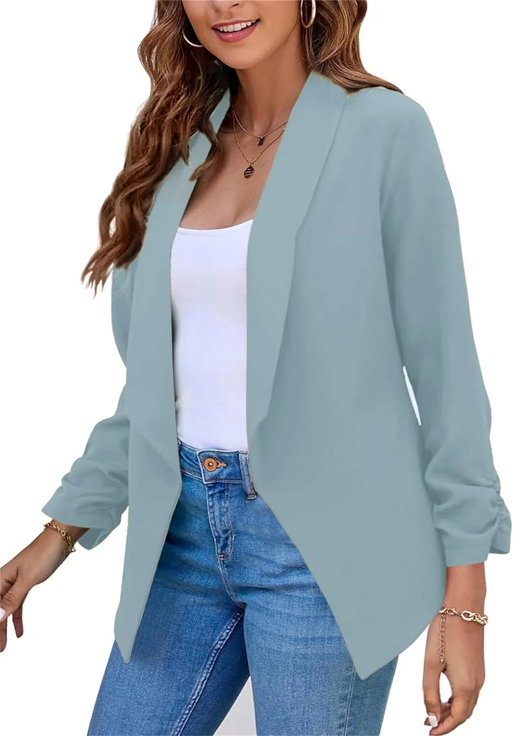 MAYRAIN Womens Summer Lapel Collar Cardigan Jacket Long Sleeve Office Formal Fit Blazers Casual Stretch Outfits Suit