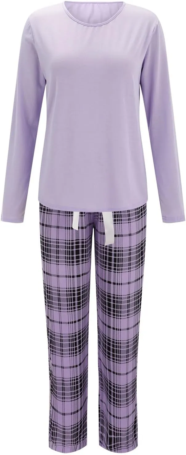 MBWTRP Women's Pajama Sets Plaid Checked Loungewear Set Long Sleeve Cotton Top and Pants Floral Printed Sleepwear for Ladies