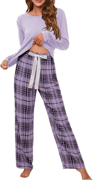 MBWTRP Women's Pajama Sets Plaid Checked Loungewear Set Long Sleeve Cotton Top and Pants Floral Printed Sleepwear for Ladies