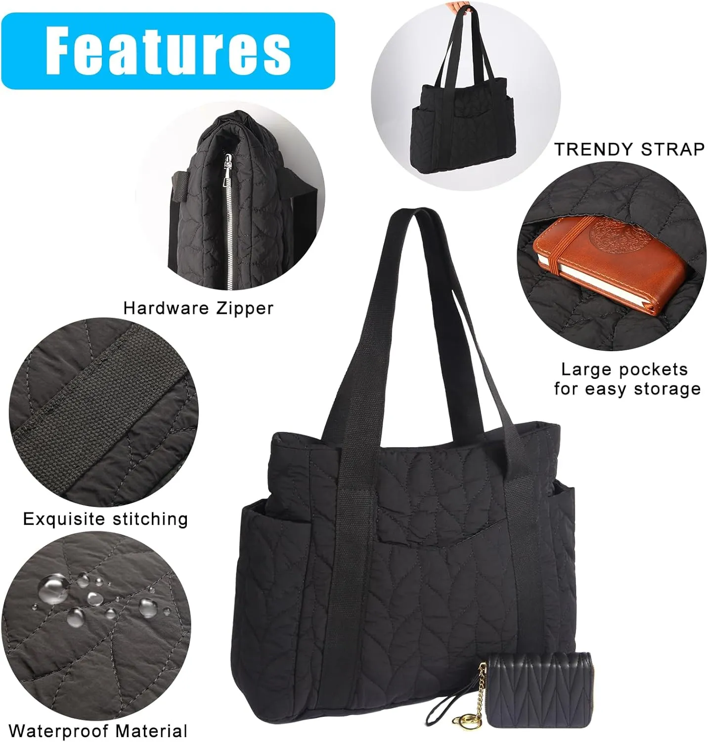 Medium Quilted Work Tote Bag for Women, Lightweight Puffer Tote Bag Quilted Handbags for Birthday Valentines Gifts