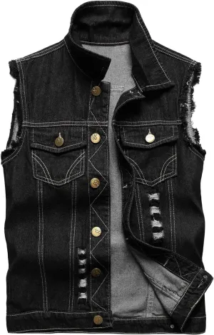 Mens Denim Vest Jakcet Tactical Outdoor Versatile Street Jackets Trend Stand Up Collar Ripped Casual Sleeveless Retro Jacket