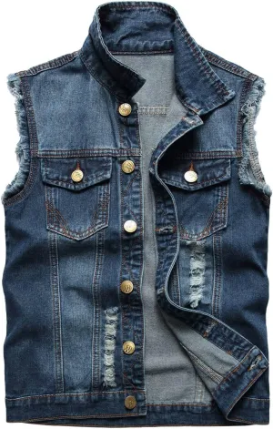 Mens Denim Vest Jakcet Tactical Outdoor Versatile Street Jackets Trend Stand Up Collar Ripped Casual Sleeveless Retro Jacket