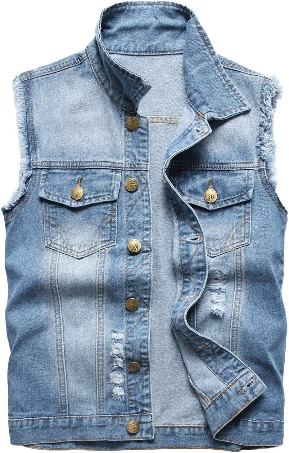Mens Denim Vest Jakcet Tactical Outdoor Versatile Street Jackets Trend Stand Up Collar Ripped Casual Sleeveless Retro Jacket