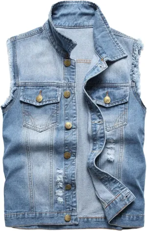 Mens Denim Vest Jakcet Tactical Outdoor Versatile Street Jackets Trend Stand Up Collar Ripped Casual Sleeveless Retro Jacket
