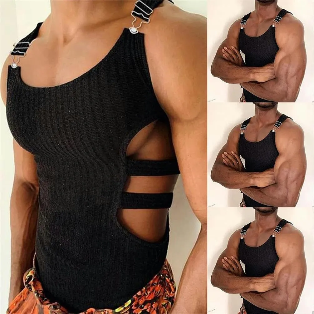 Mens Knitted Tank Tops Man Sleeveless Vest Fit Crop Tops Hollow Undershirts T-shirts