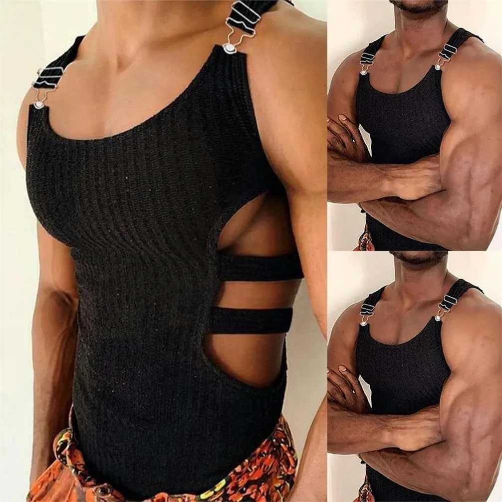Mens Knitted Tank Tops Man Sleeveless Vest Fit Crop Tops Hollow Undershirts T-shirts