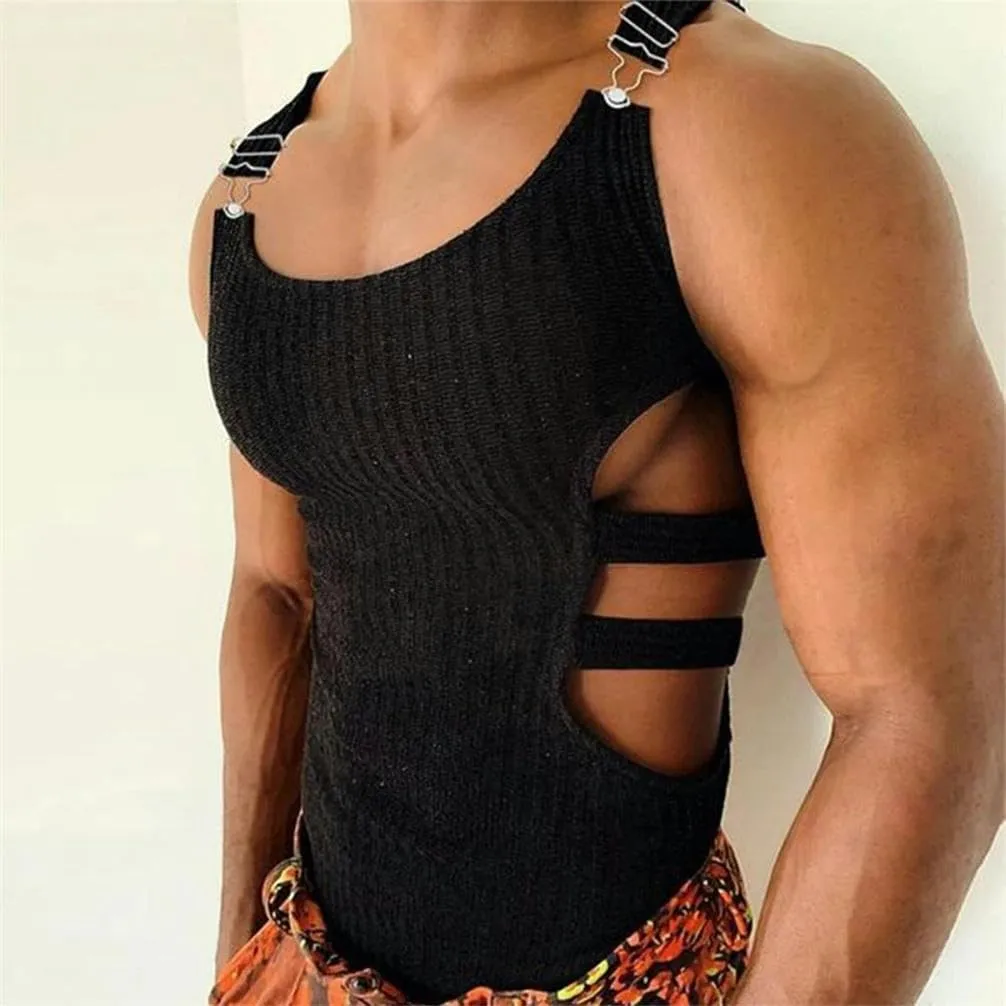 Mens Knitted Tank Tops Man Sleeveless Vest Fit Crop Tops Hollow Undershirts T-shirts