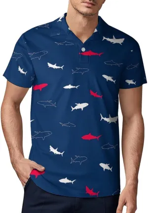 Men's Red White Shark Polo Shirts Short Sleeve Cool Golf Shirt Quick-Dry Activewear Polos