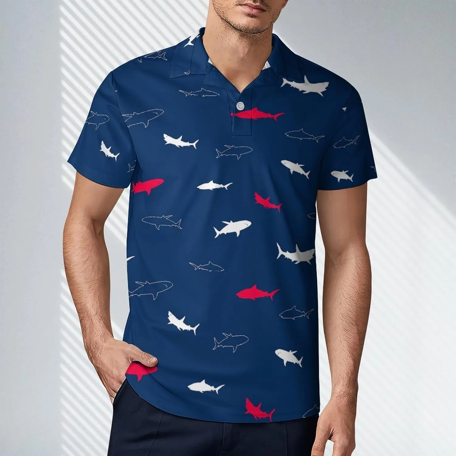 Men's Red White Shark Polo Shirts Short Sleeve Cool Golf Shirt Quick-Dry Activewear Polos