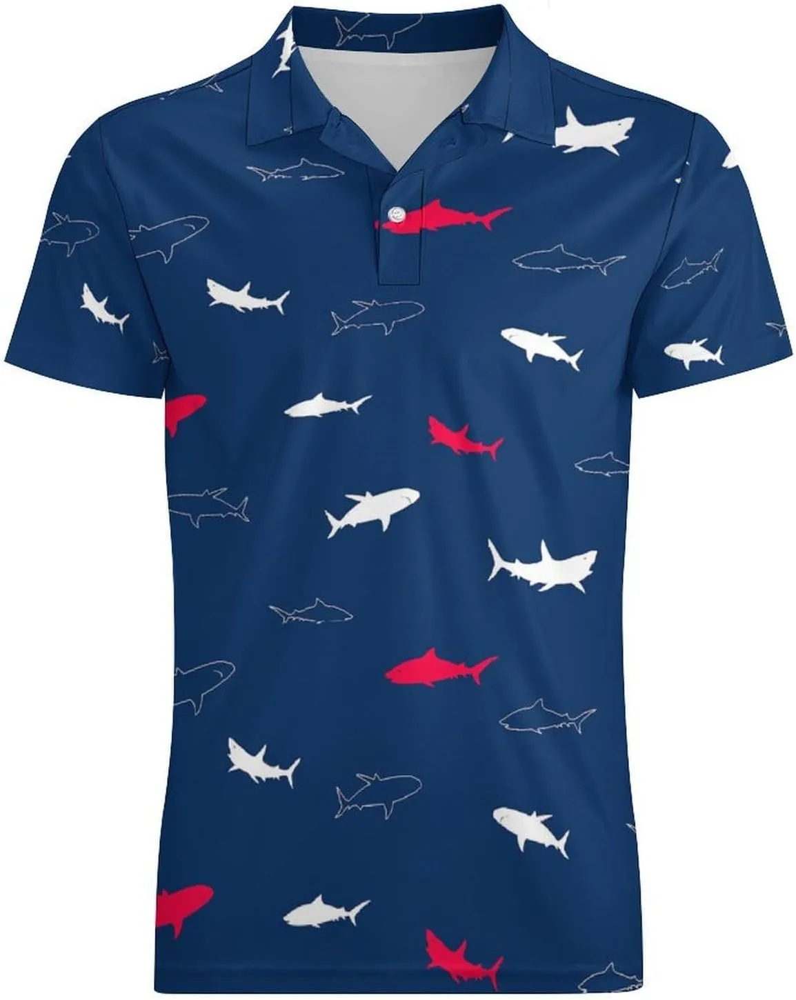 Men's Red White Shark Polo Shirts Short Sleeve Cool Golf Shirt Quick-Dry Activewear Polos