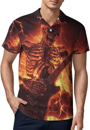 Men's Skeleton Playing an Electric Guitar Polo Shirts Short Sleeve Cool Golf Shirt Quick-Dry Activewear Polos
