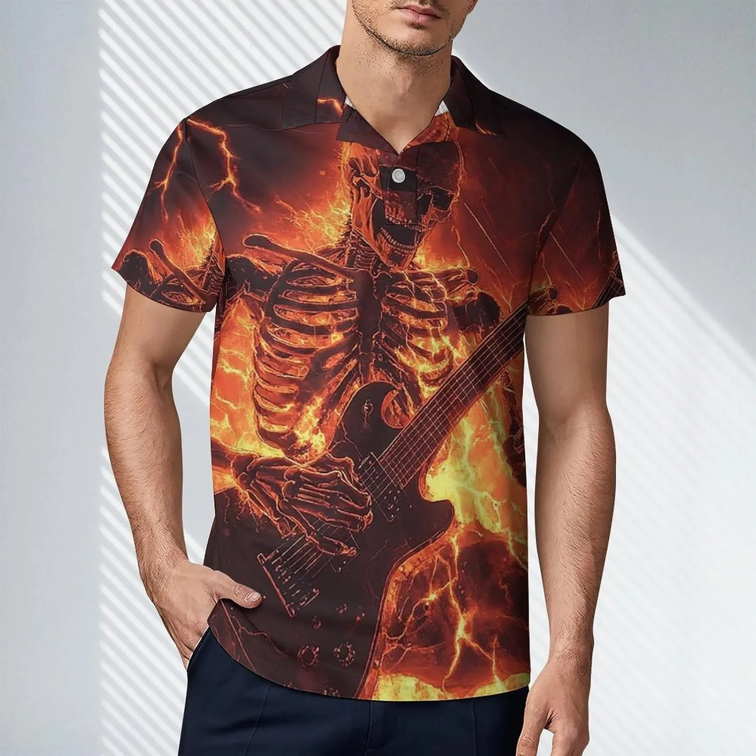 Men's Skeleton Playing an Electric Guitar Polo Shirts Short Sleeve Cool Golf Shirt Quick-Dry Activewear Polos