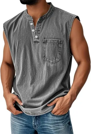 Mens Tank Tops Summer Casual Workout Loose Fit Henley Shirts Lightweight Muscle Sleeveless Tee Shirts with Pockets