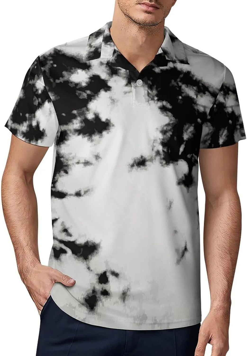 Men's Watercolour Black White Tie Dye Polo Shirts Short Sleeve Cool Golf Shirt Quick-Dry Activewear Polos
