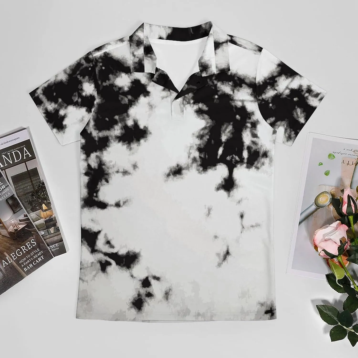Men's Watercolour Black White Tie Dye Polo Shirts Short Sleeve Cool Golf Shirt Quick-Dry Activewear Polos
