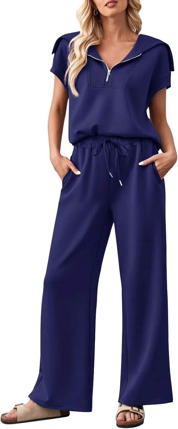 MEROKEETY Women 2 Piece Set Summer Outfits Sweatsuit Half Zip Cap Sleeve Sweatshirt Wide Leg Sweatpant Tracksuit Sets