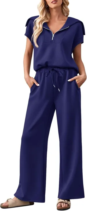 MEROKEETY Women 2 Piece Set Summer Outfits Sweatsuit Half Zip Cap Sleeve Sweatshirt Wide Leg Sweatpant Tracksuit Sets