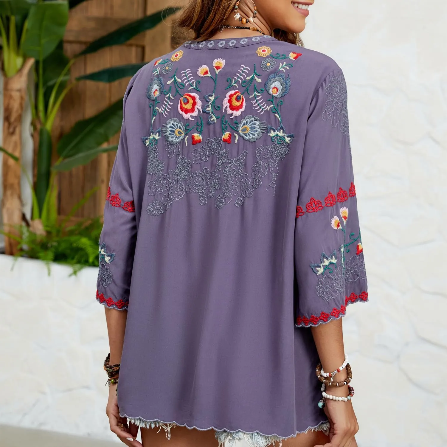 Mexican Shirts Peasant Blouses Cotton Embroidered 3/4 Sleeve Summer V Neck Tunic Bohemian Tops Boho Clothes for Women
