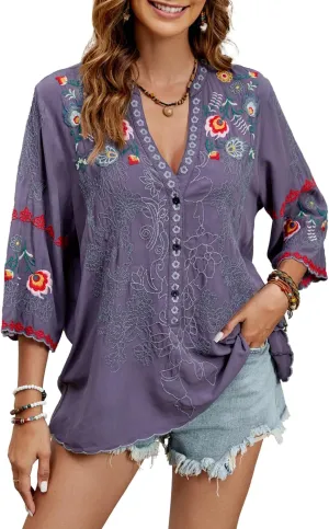 Mexican Shirts Peasant Blouses Cotton Embroidered 3/4 Sleeve Summer V Neck Tunic Bohemian Tops Boho Clothes for Women