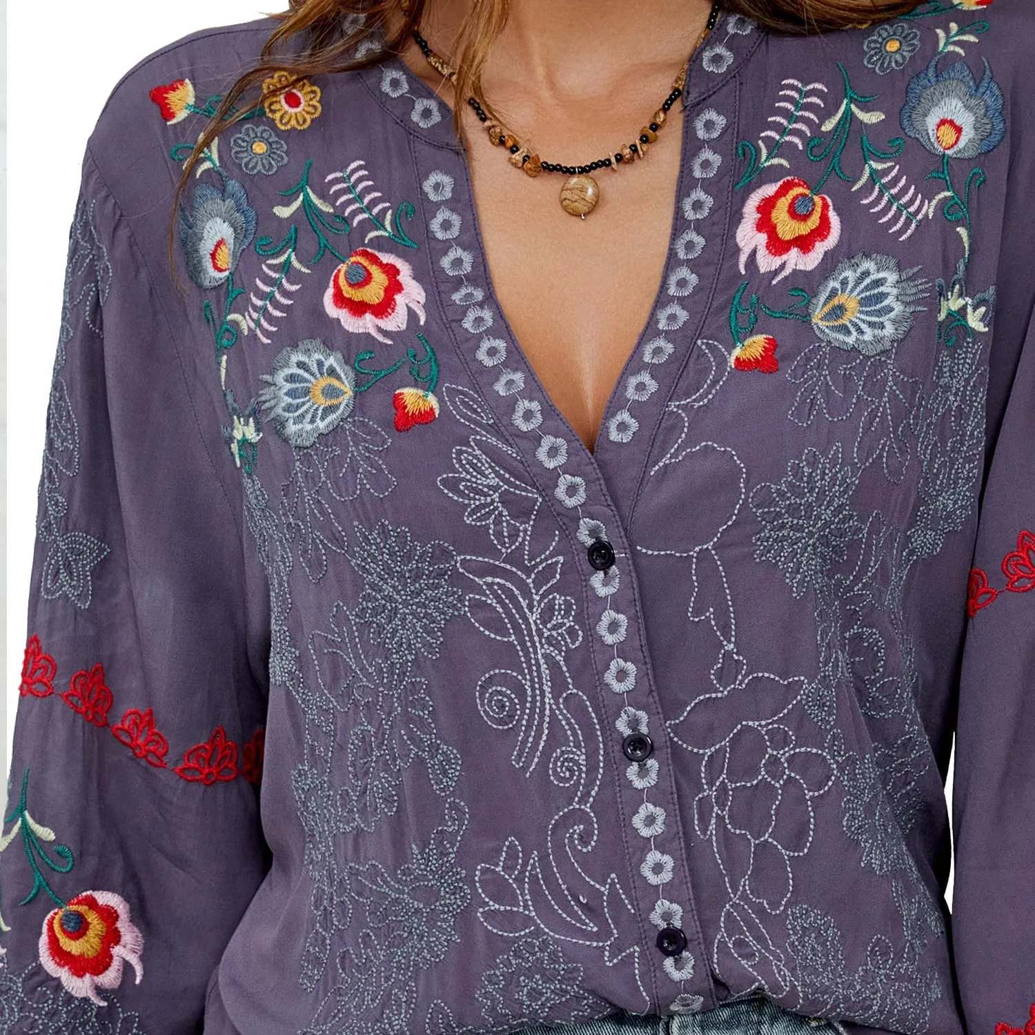 Mexican Shirts Peasant Blouses Cotton Embroidered 3/4 Sleeve Summer V Neck Tunic Bohemian Tops Boho Clothes for Women