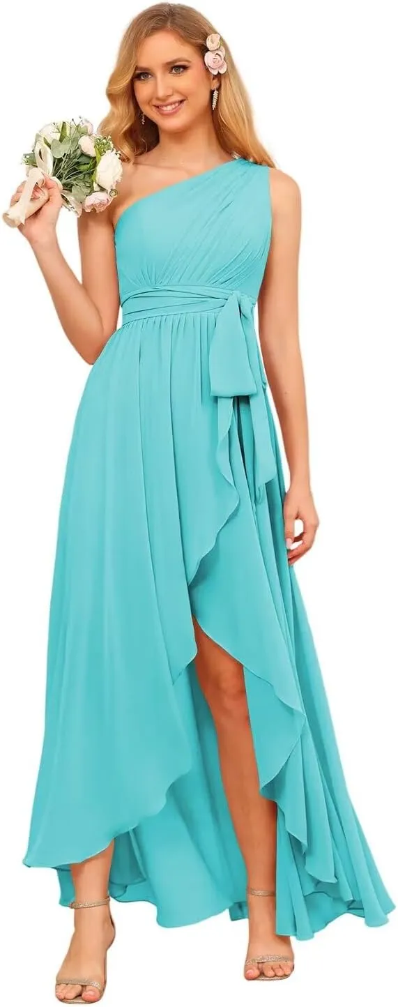 Miao Duo Women's One Shoulder Bridesmaid Dresses High Low Chiffon Evening Formal Gown with Pockets YZTS015