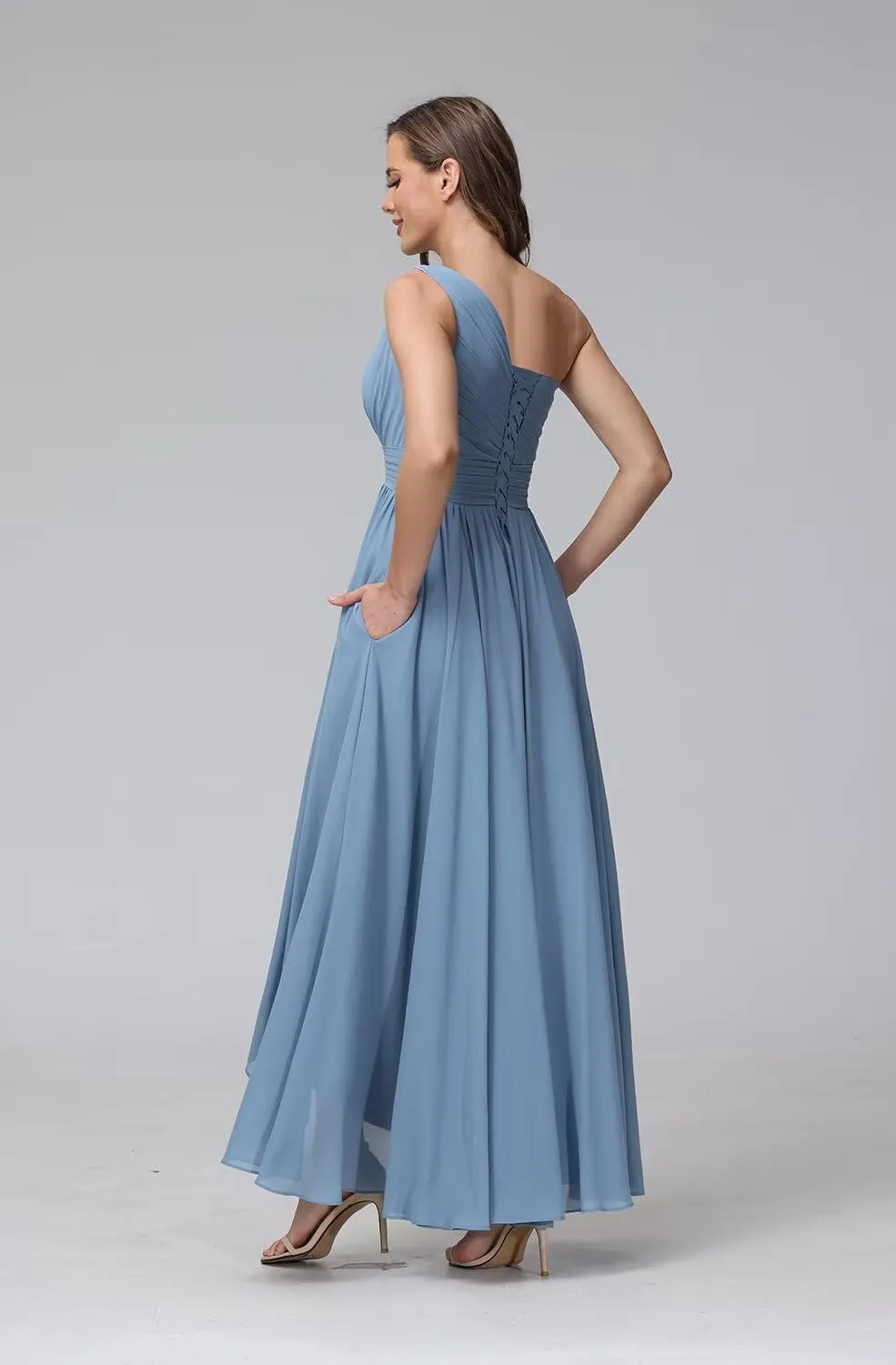 Miao Duo Women's One Shoulder Bridesmaid Dresses High Low Chiffon Evening Formal Gown with Pockets YZTS015