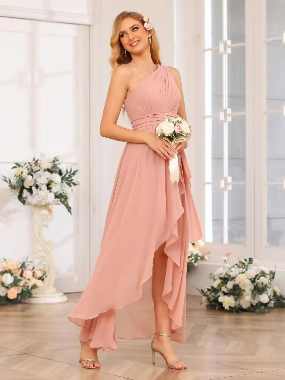 Miao Duo Women's One Shoulder Bridesmaid Dresses High Low Chiffon Evening Formal Gown with Pockets YZTS015