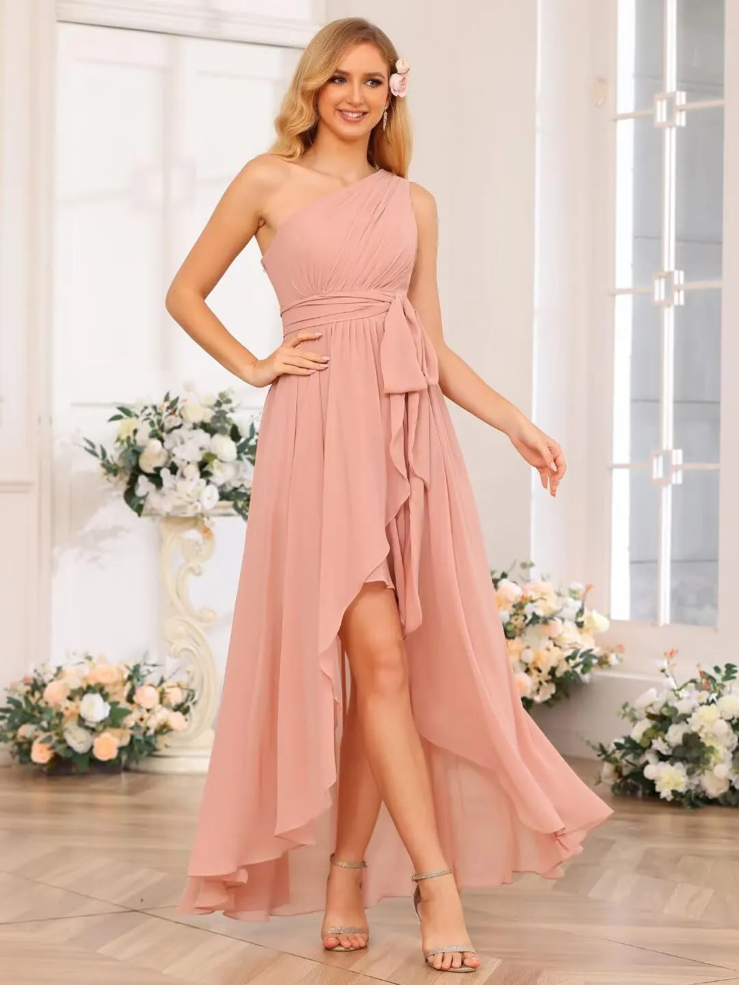 Miao Duo Women's One Shoulder Bridesmaid Dresses High Low Chiffon Evening Formal Gown with Pockets YZTS015