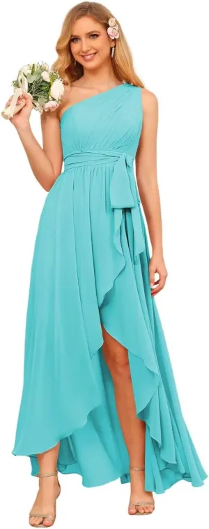 Miao Duo Women's One Shoulder Bridesmaid Dresses High Low Chiffon Evening Formal Gown with Pockets YZTS015