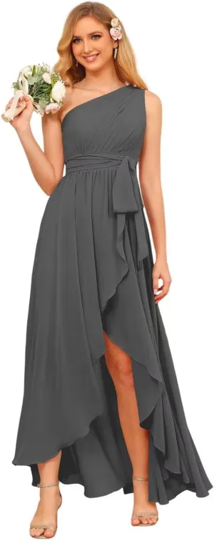 Miao Duo Women's One Shoulder Bridesmaid Dresses High Low Chiffon Evening Formal Gown with Pockets YZTS015