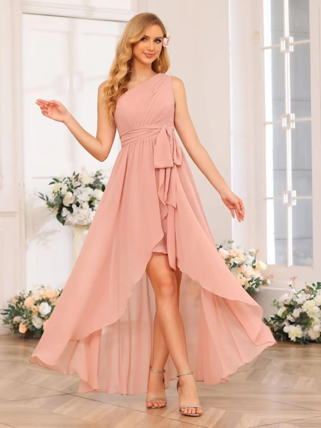Miao Duo Women's One Shoulder Bridesmaid Dresses High Low Chiffon Evening Formal Gown with Pockets YZTS015