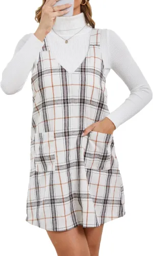 Milumia Women's Plaid V Neck Pinafore Overall Short Dress Losse Mini Jumper Dress with Pockets
