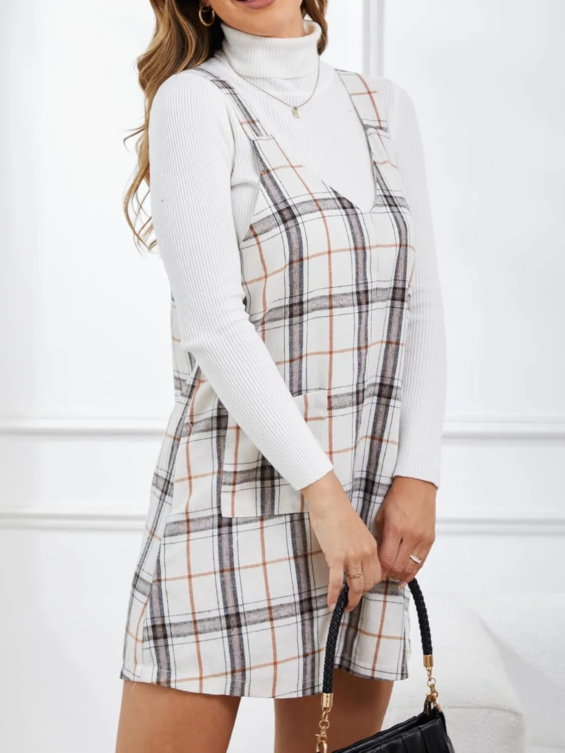 Milumia Women's Plaid V Neck Pinafore Overall Short Dress Losse Mini Jumper Dress with Pockets