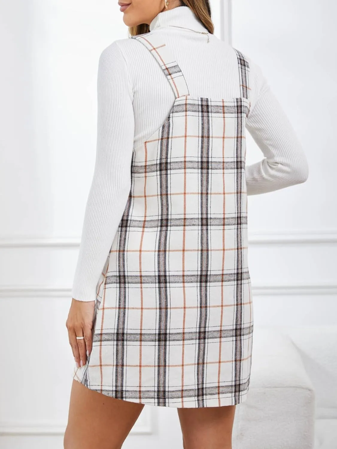 Milumia Women's Plaid V Neck Pinafore Overall Short Dress Losse Mini Jumper Dress with Pockets