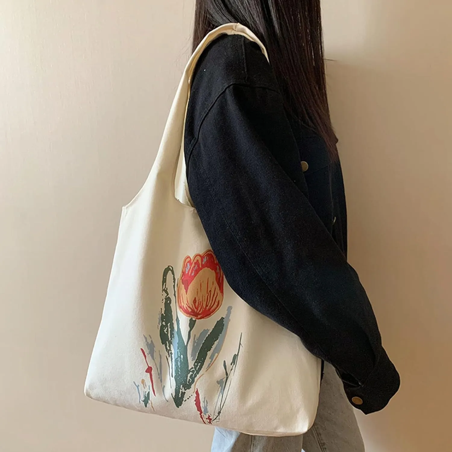 Minimalist Bouquet Cute Tote Bags Aesthetic Flower Canvas Reusable Grocery Bag Floral Canvas Tote Bag for Women