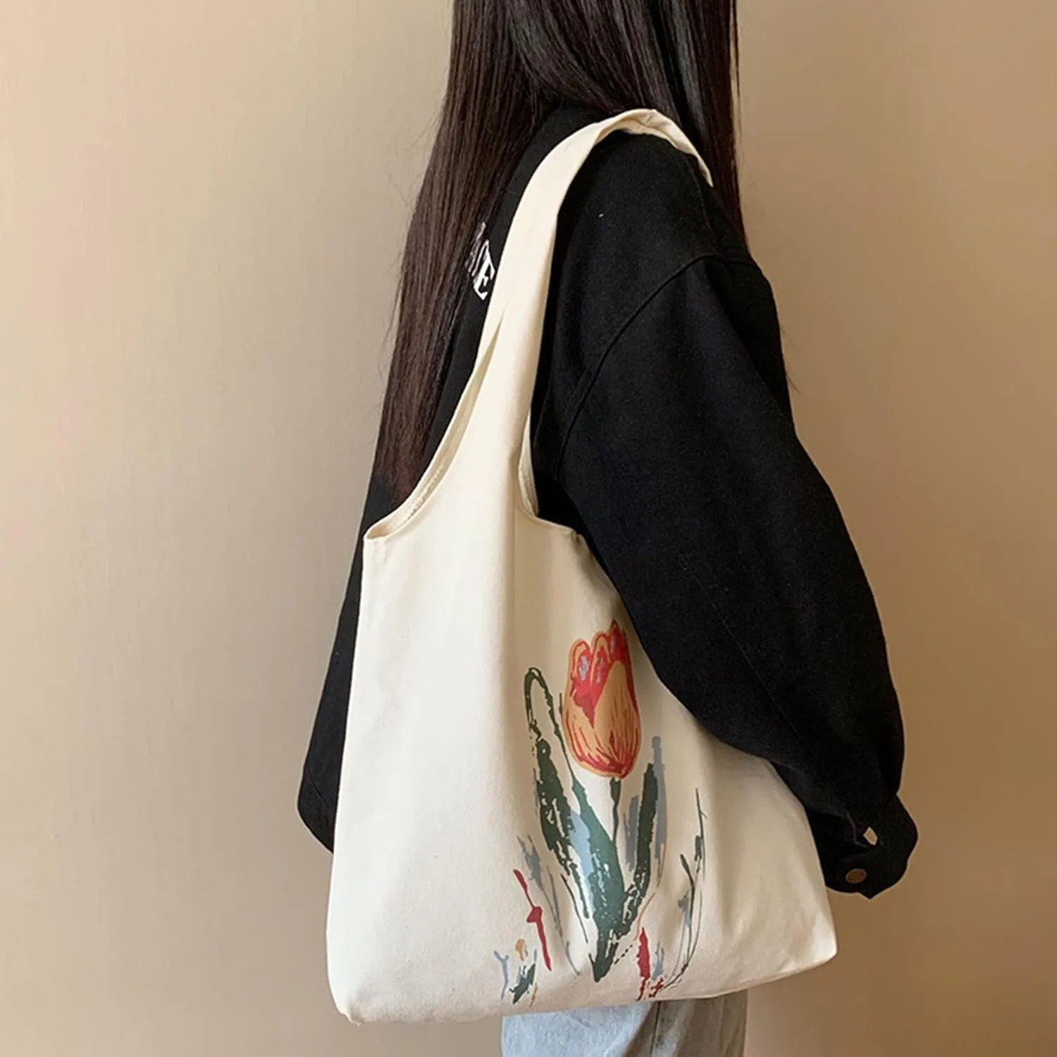 Minimalist Bouquet Cute Tote Bags Aesthetic Flower Canvas Reusable Grocery Bag Floral Canvas Tote Bag for Women