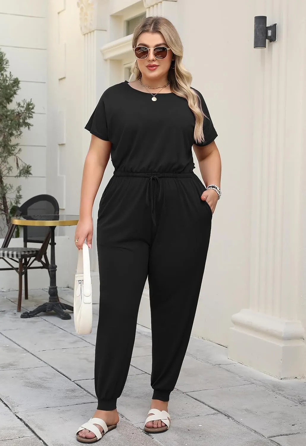 Nemidor Plus Size Casual Jumpsuits for Curvy Women Summer Short Sleeve Drawstring Waist Long Pant Romper with Pocket 16-26