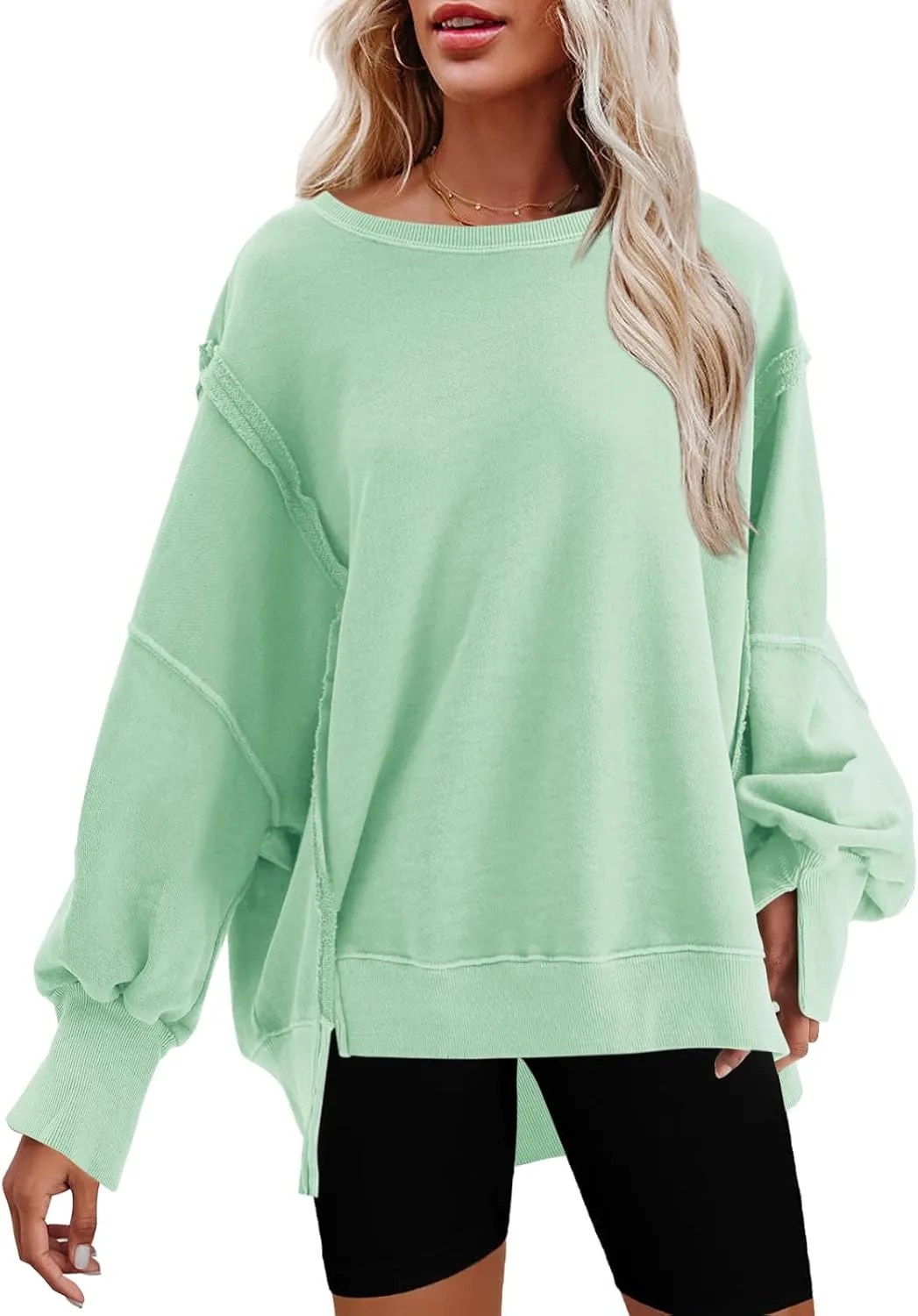 Nirovien Womens Oversized Crewneck Sweatshirt Side Slit Long Sleeve Pullover Slouchy Fit Tops