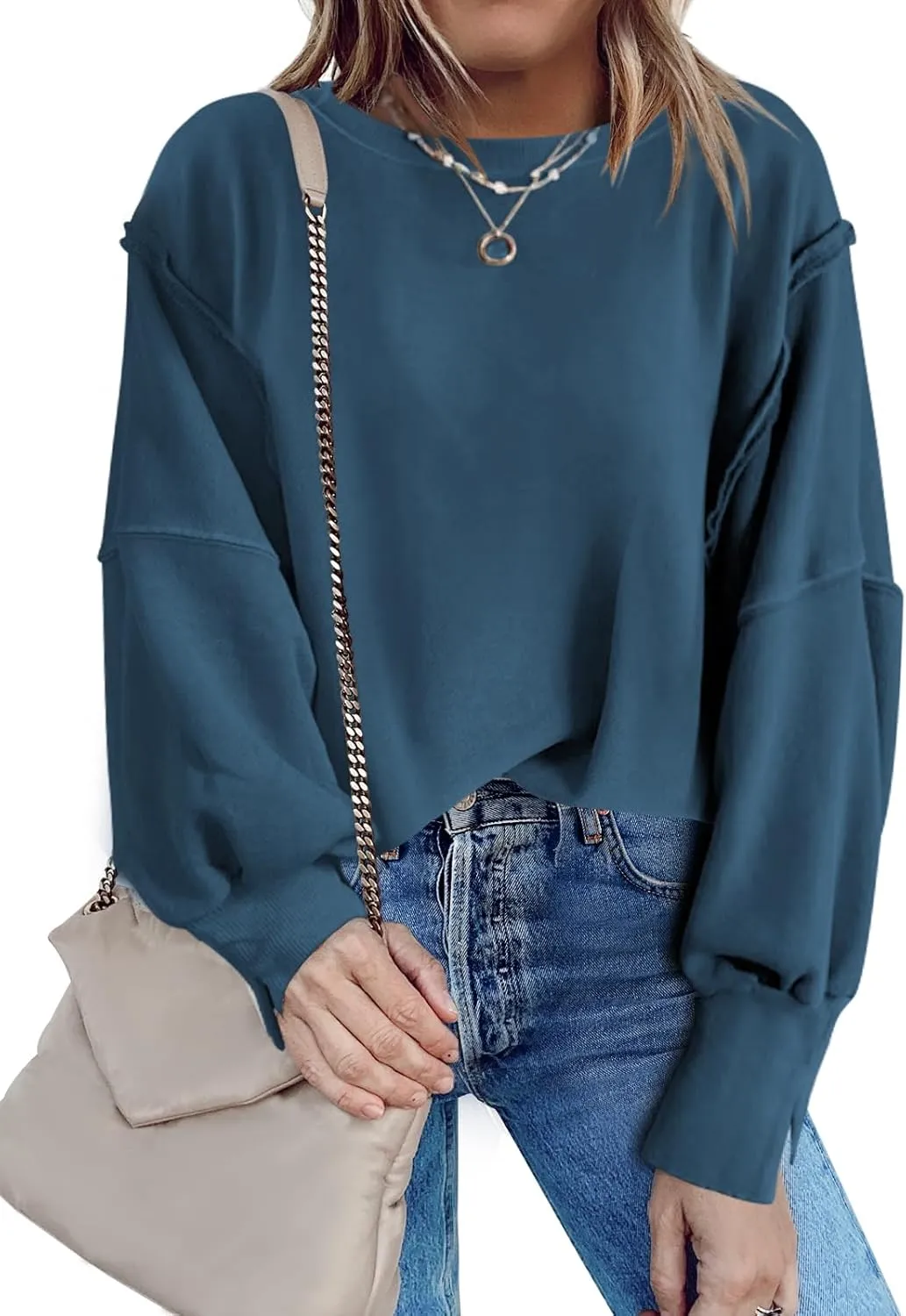 Nirovien Womens Oversized Crewneck Sweatshirt Side Slit Long Sleeve Pullover Slouchy Fit Tops