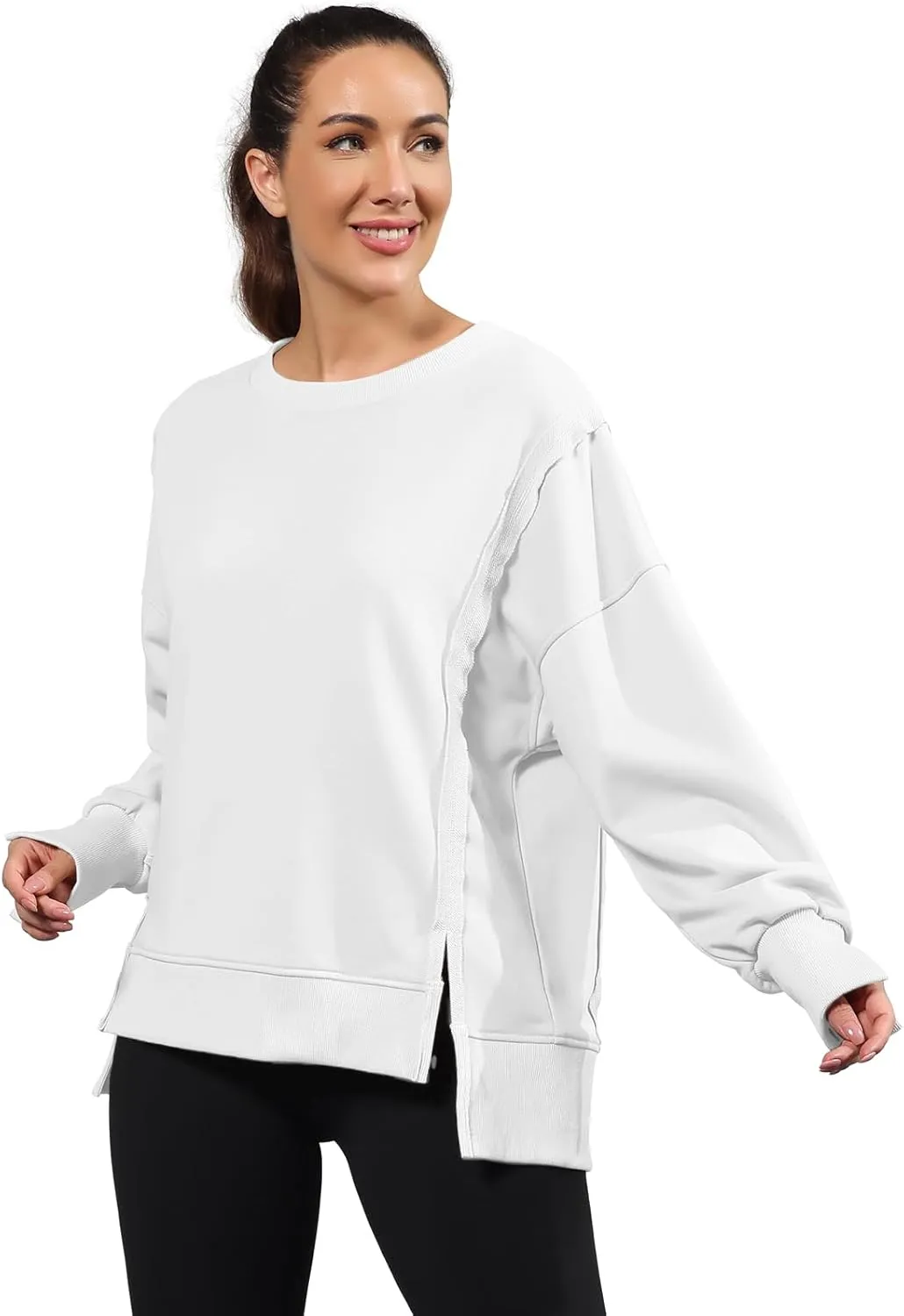 Nirovien Womens Oversized Crewneck Sweatshirt Side Slit Long Sleeve Pullover Slouchy Fit Tops