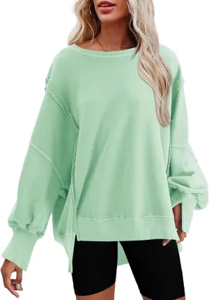 Nirovien Womens Oversized Crewneck Sweatshirt Side Slit Long Sleeve Pullover Slouchy Fit Tops