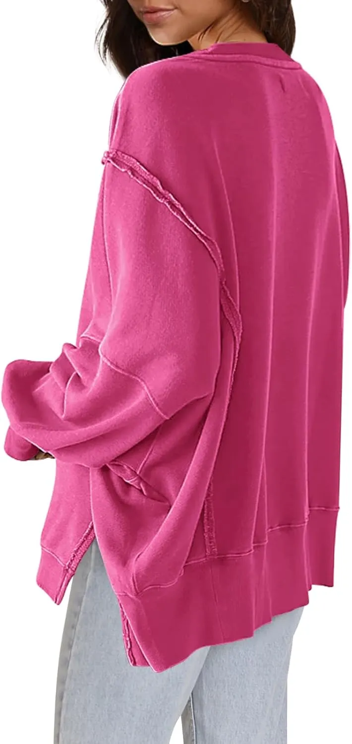Nirovien Womens Oversized Crewneck Sweatshirt Side Slit Long Sleeve Pullover Slouchy Fit Tops