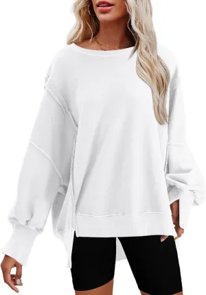 Nirovien Womens Oversized Crewneck Sweatshirt Side Slit Long Sleeve Pullover Slouchy Fit Tops