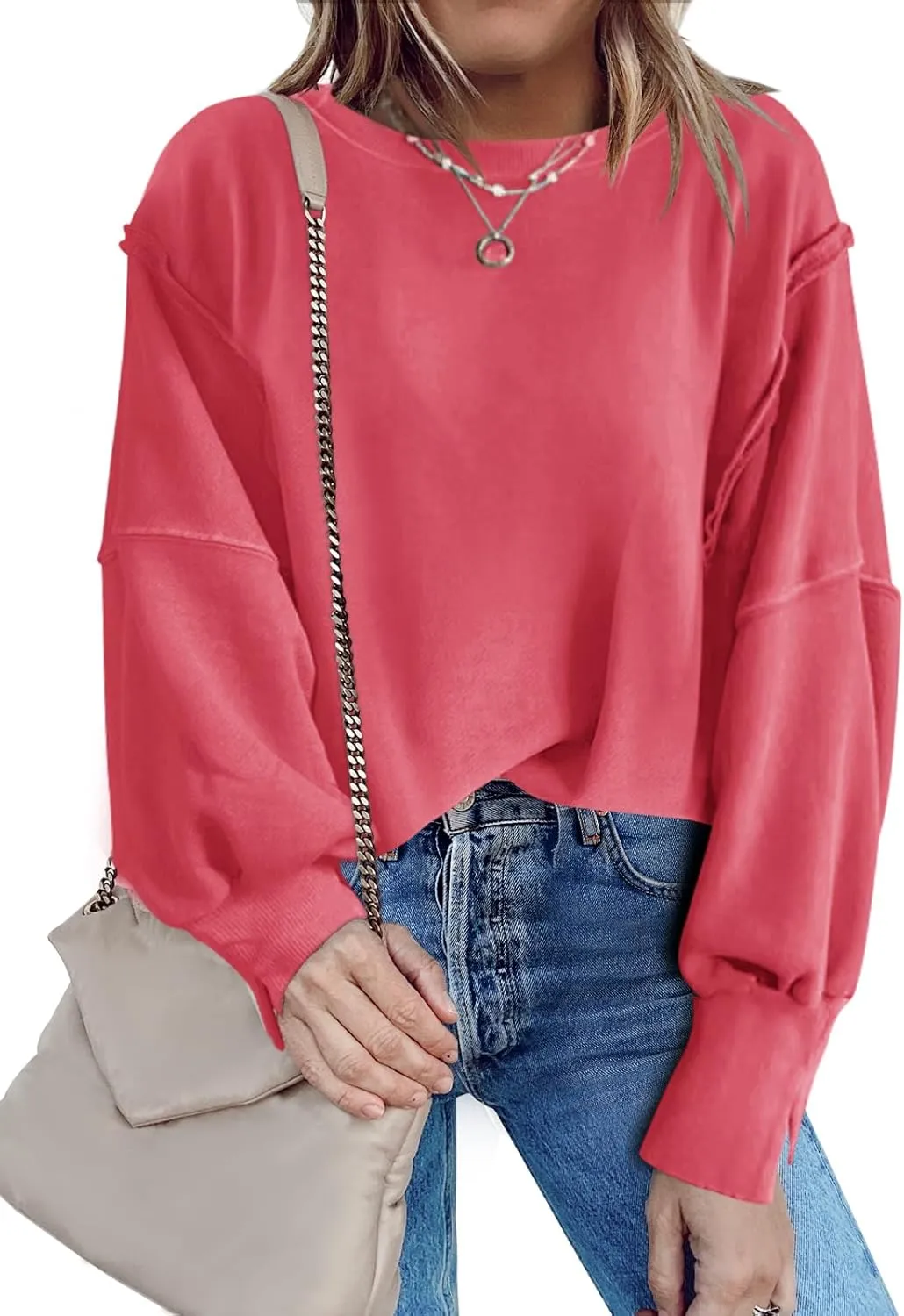 Nirovien Womens Oversized Crewneck Sweatshirt Side Slit Long Sleeve Pullover Slouchy Fit Tops